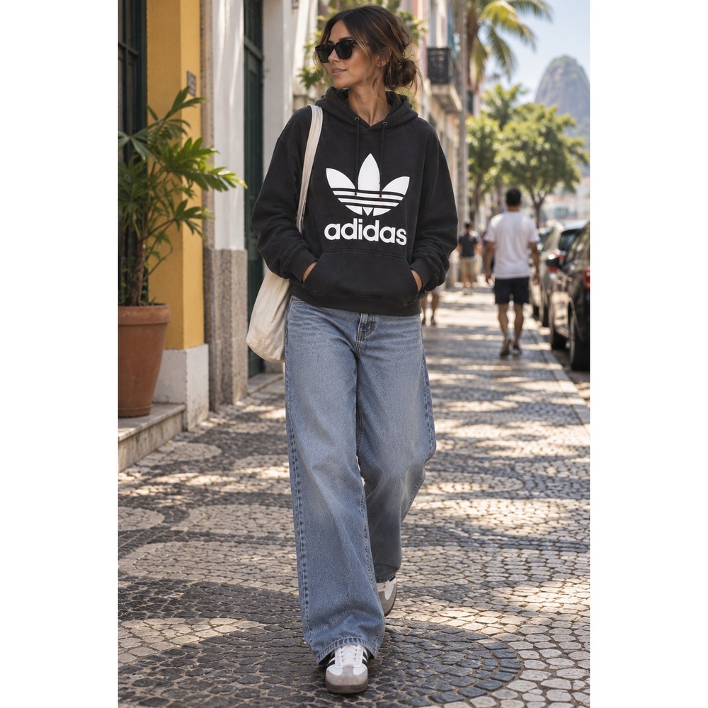 Adidas Originals Trefoil Hoodie Black White Distressed Streetwear Retro Faded M